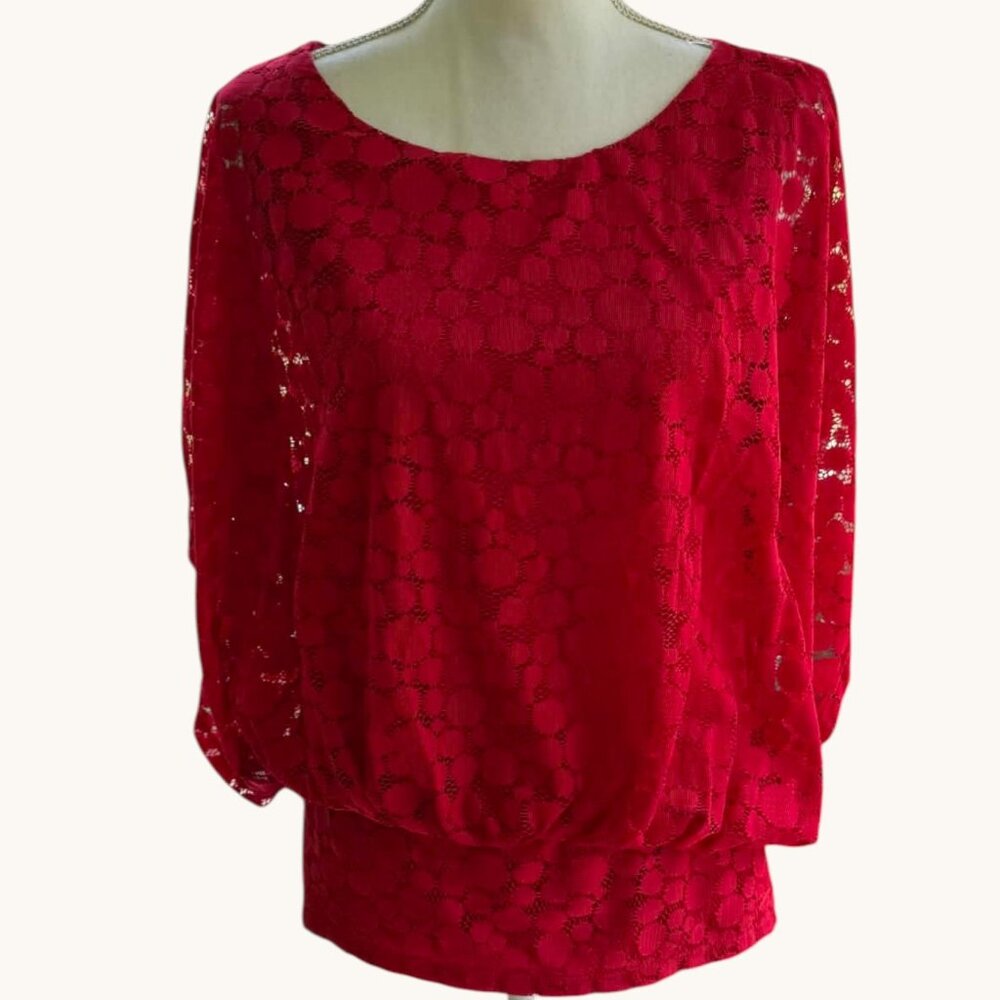 Valerie Stevens Romantic Feminine Red Lace Statement Wide Sleeve Blouse